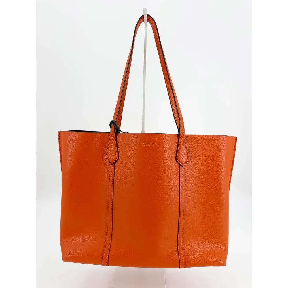 Tory Burch Perry Orange Pebbled Leather Triple Compartment Tote Shoulder Bag